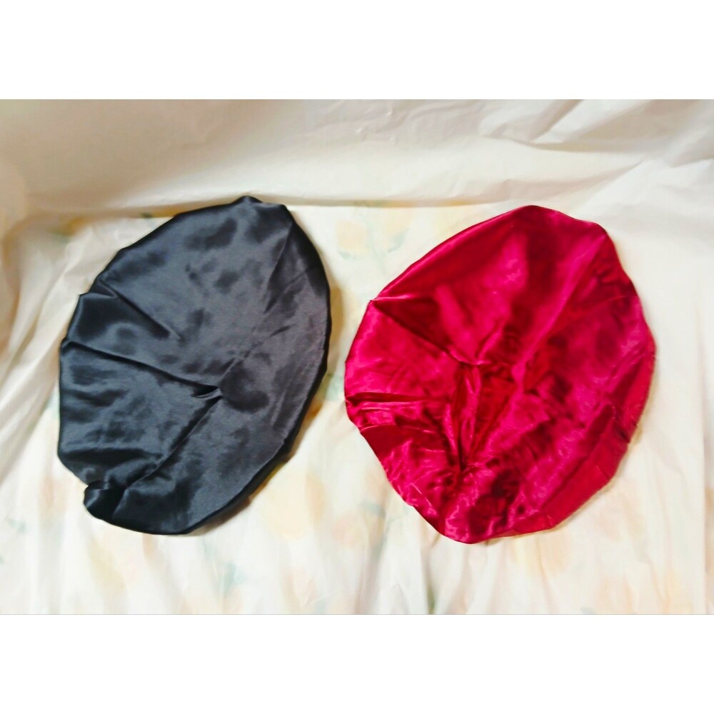YANIBEST Satin Hair Bonnet 2 Pack Adjustable Buckle Band Black & Red
